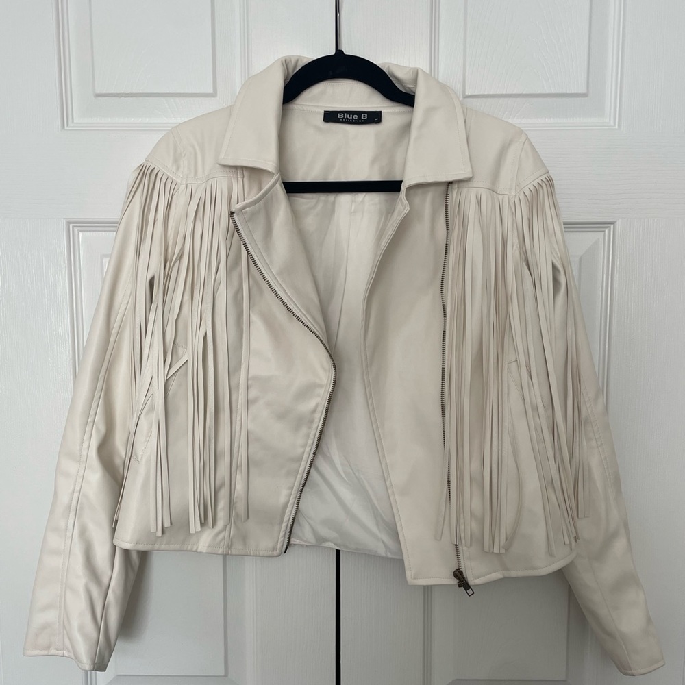 White Fringe faux Leather Jacket M